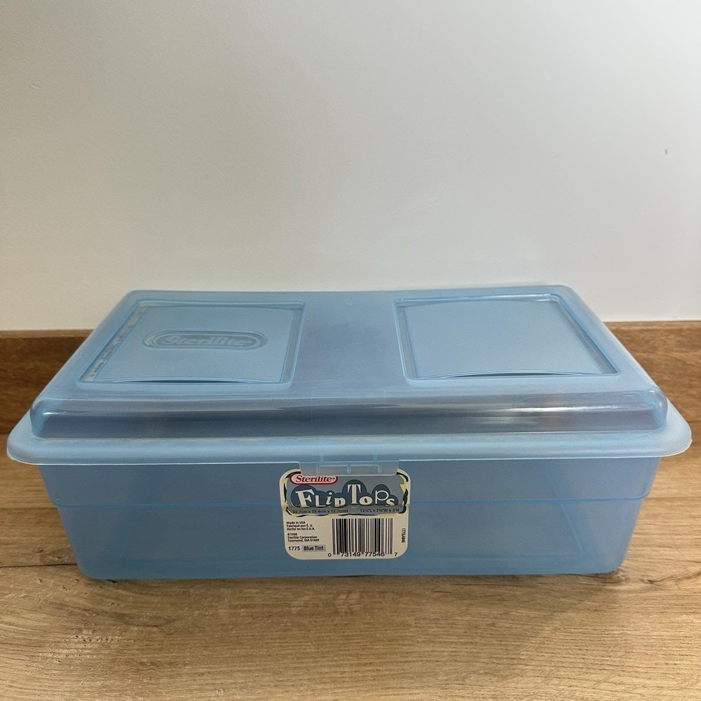 Vintage Sterilite Flip Tops Plastic Storage Container Box Blue Tint 1996 Hinged